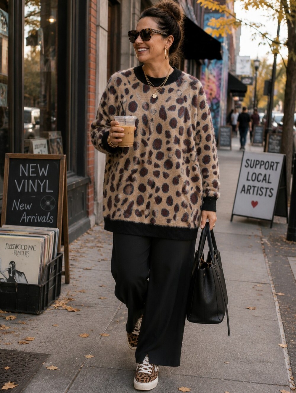 Soft Fuzzy Leopard Print Sweater Tunic Pullover Stretch Cozy Animal Print